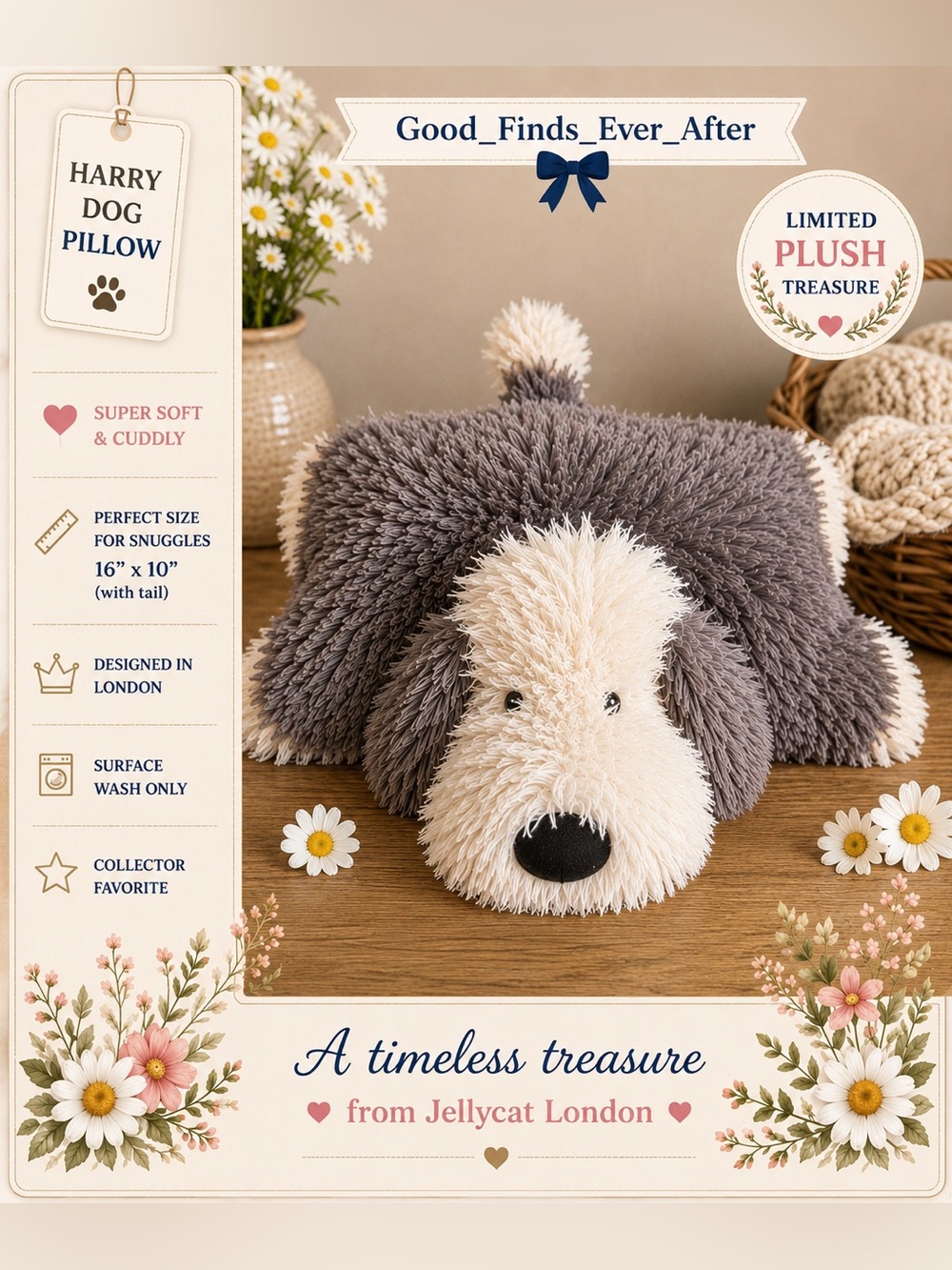 Jellycat London - Gray & Cream Harry Dog Plush Pillow